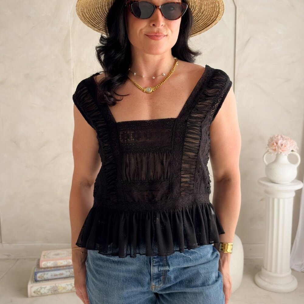 Women’s Black Lace Ruffle Peplum Top
